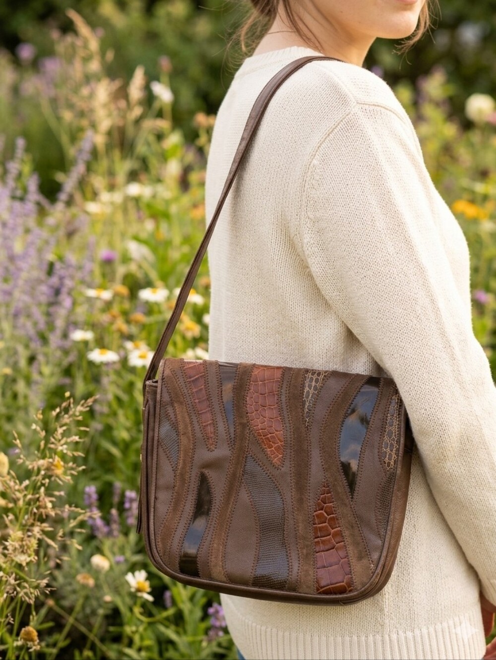 TANDEM Brown Patchwork Leather Crossbody Bag - Women